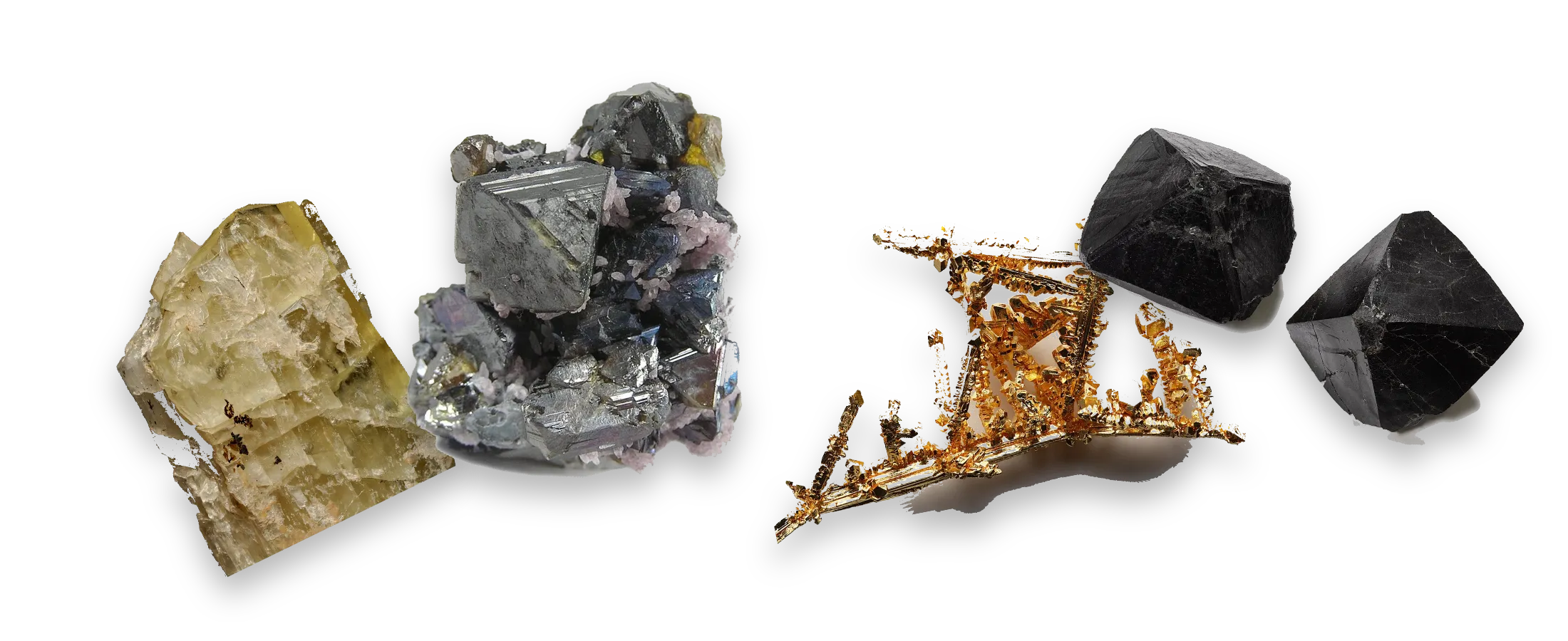 Specimens of spodumene, sphalerite, native gold and cassiterite